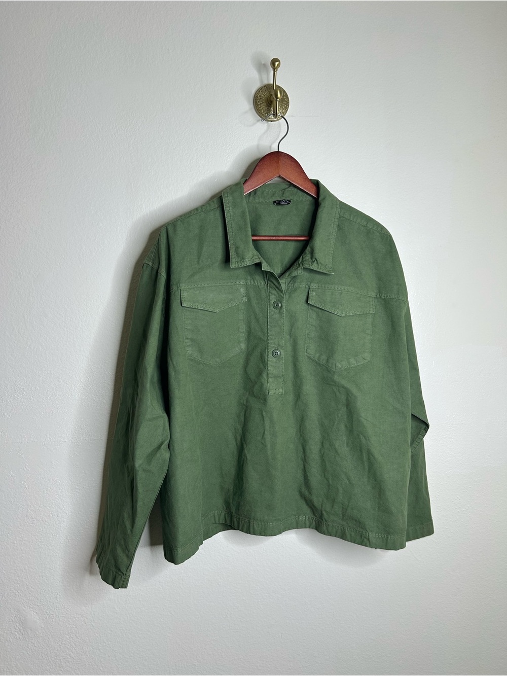 J. Crew Cotton Linen Army Green Collared Heavyweight Safari Top With Pockets